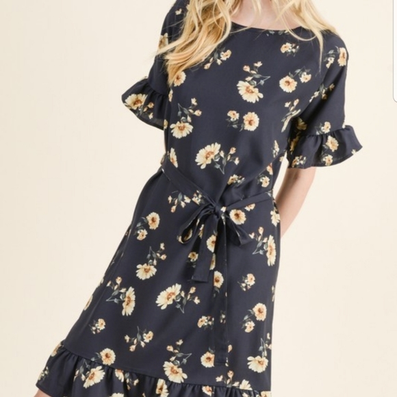 Daisy Floral Navy Midi Elbow Sleeve Ruffle Dress - Picture 2 of 3